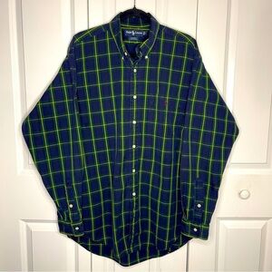 Vintage Ralph Lauren Blaire Blue Green Plaid Size Large Brown Horse Button Up